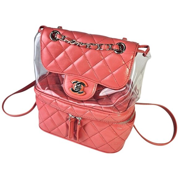 CHANEL Quilted Crumpled Leather Clear Backpack Handbag Pink Chain Zip Around CC - Picture 6 of 16